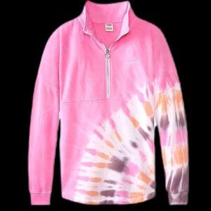 Victorias Secret Pink Varsity 1/2 Zip Sweatshirt Pink Tie Dye Medium